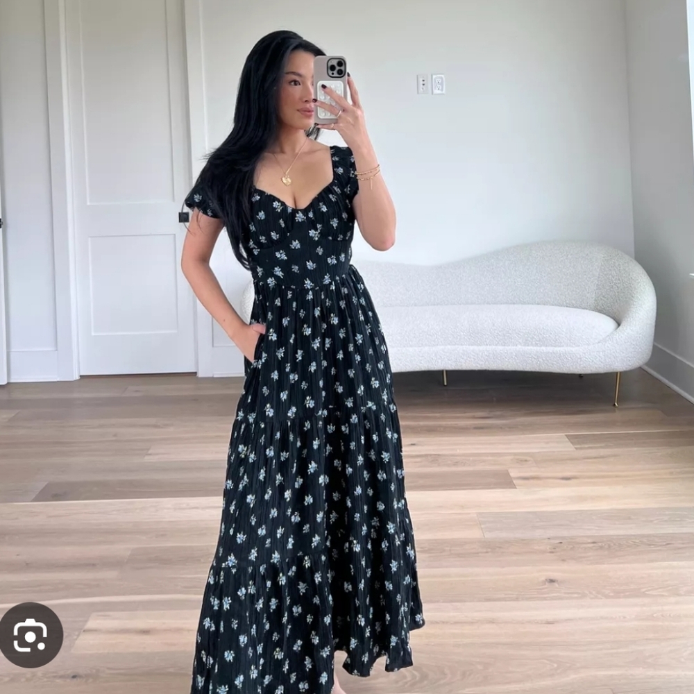 American Eagle Outfitters Black Floral Puff-Sleeve Maxi Dress - Picture 3 of 7